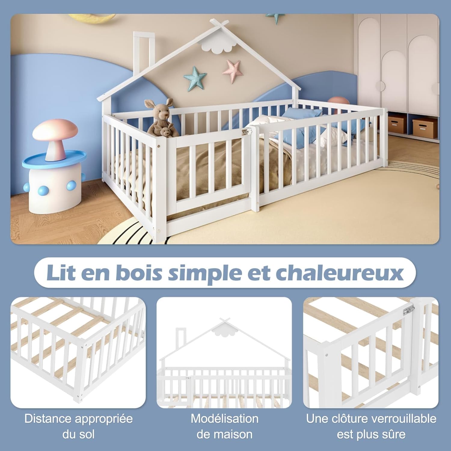 Lit Au Sol Enfant 140x190cm,Lit Cabane Enfant Montessori avec Design Cabine Distinctif,Porte,Barrières Hautes,Sommier à Lattes Solide,pour Enfants,Pin (A-Blanc, 90x190) – Image 5