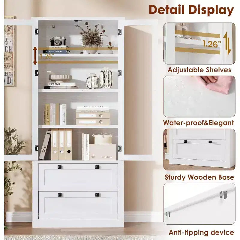 Farmhouse Kitchen Pantry Cabinet with Glass Doors, 72in Storage Cupboard with Drawers and Adjustable Shelves for Dining Room Bathroom Living Room – Image 25
