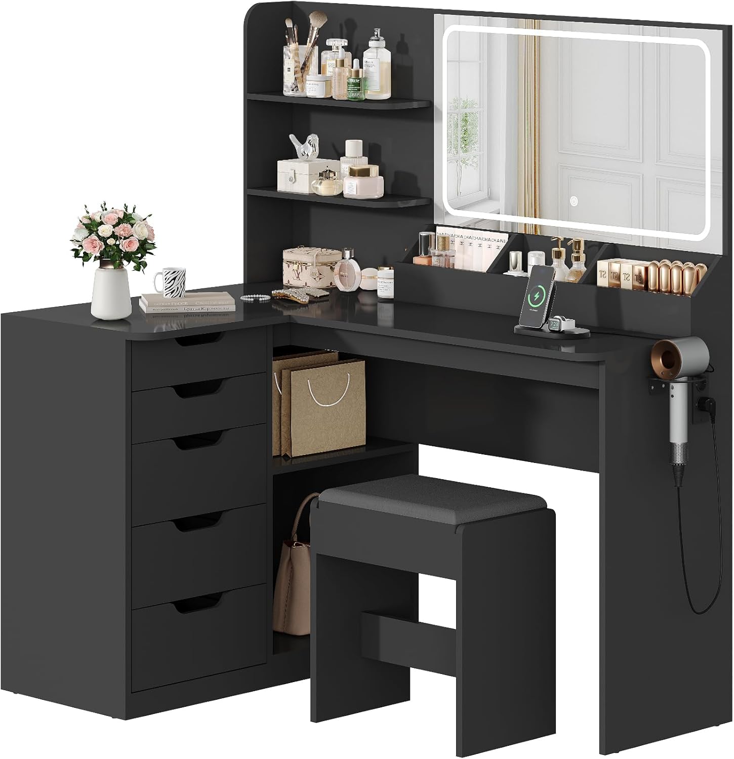 TRIUMPHKEY Coiffeuse avec Grand Miroir LED et Tabouret,Table de Maquillage en L avec Multiprise y Support de Sèche-Cheveux,5 Tiroirs,Cloison de Rangement,Étagères,Coiffeuse Moderne Noir