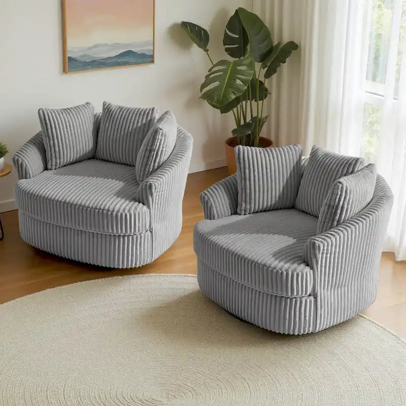 2 Set Oversized 43 W Plush Corduroy Swivel Barrel Chair with Pillows – Image 36