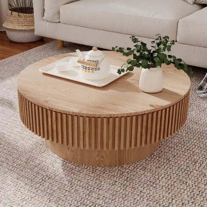 Modern Solid Wood Veneered Round Coffee Tea Table with Storage – Image 15