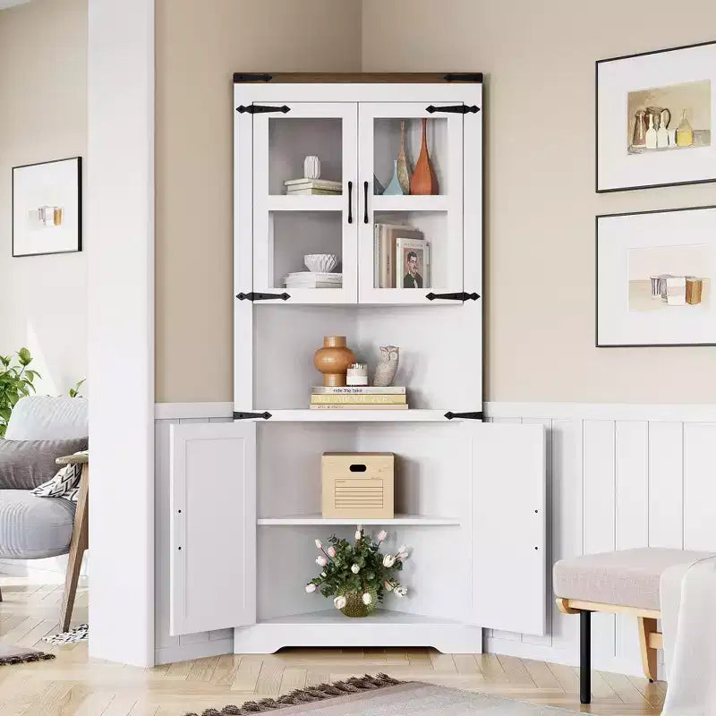 67 in Tall Corner Storage Cabinet with Lights, Farmhouse Corner Hutch Display Cabinet with Glass Doors, Wooden Storage Organizer for Kitchen, Bathroom – Image 18