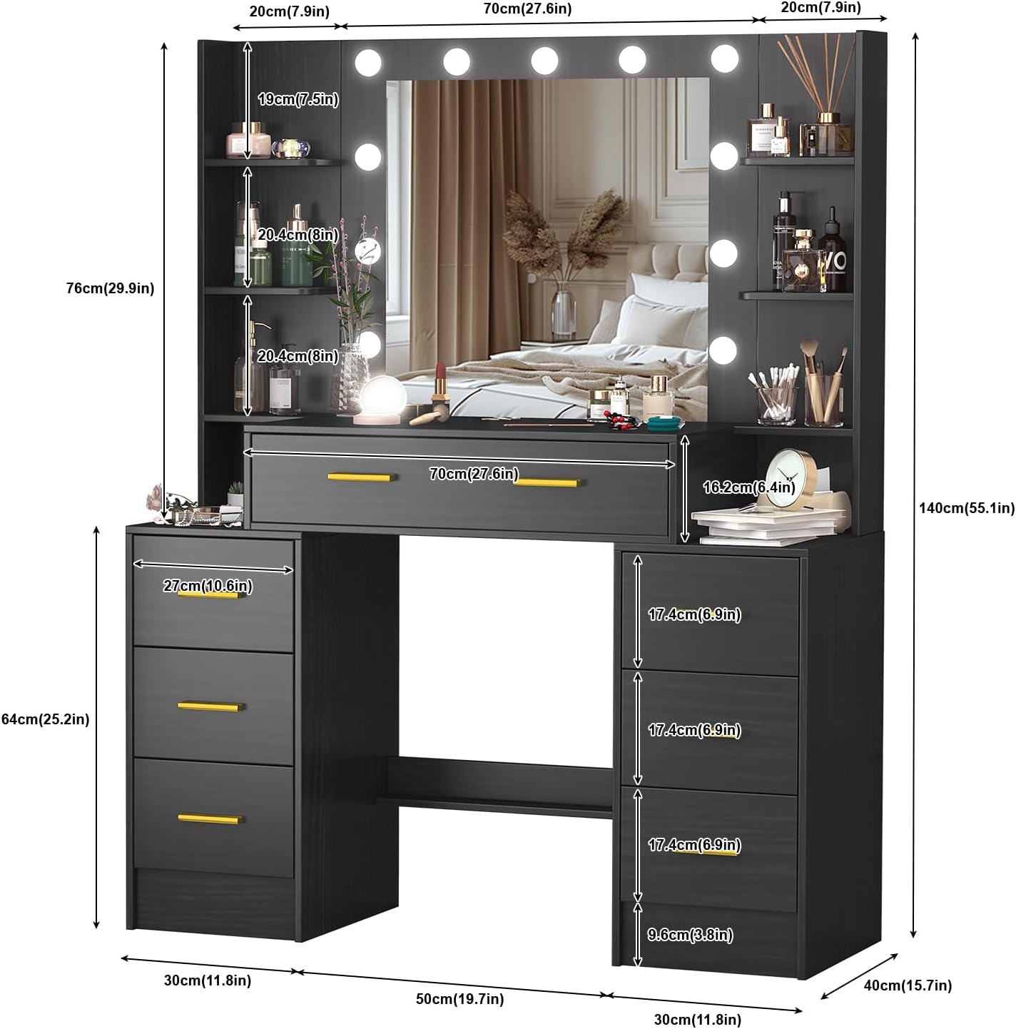 Puselo Coiffeuse avec éclairage et miroir, 7 tiroirs, 8 étagères, pour chambre à coucher, 110 x 40 x 140 cm, noire – Image 6