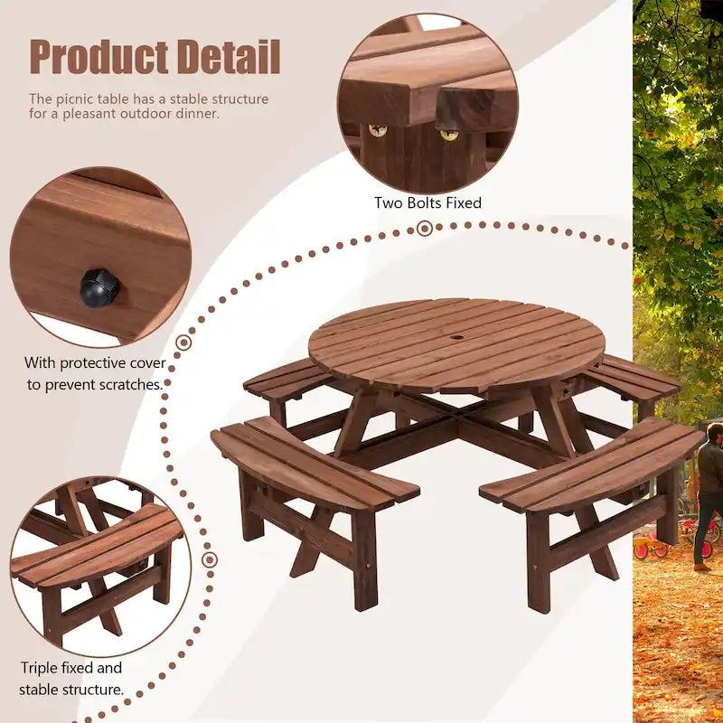 8-Person Outdoor Patio Fir Wood Round Picnic Dining Set with 4 Built-in Benches and Umbrella Hole – Image 6