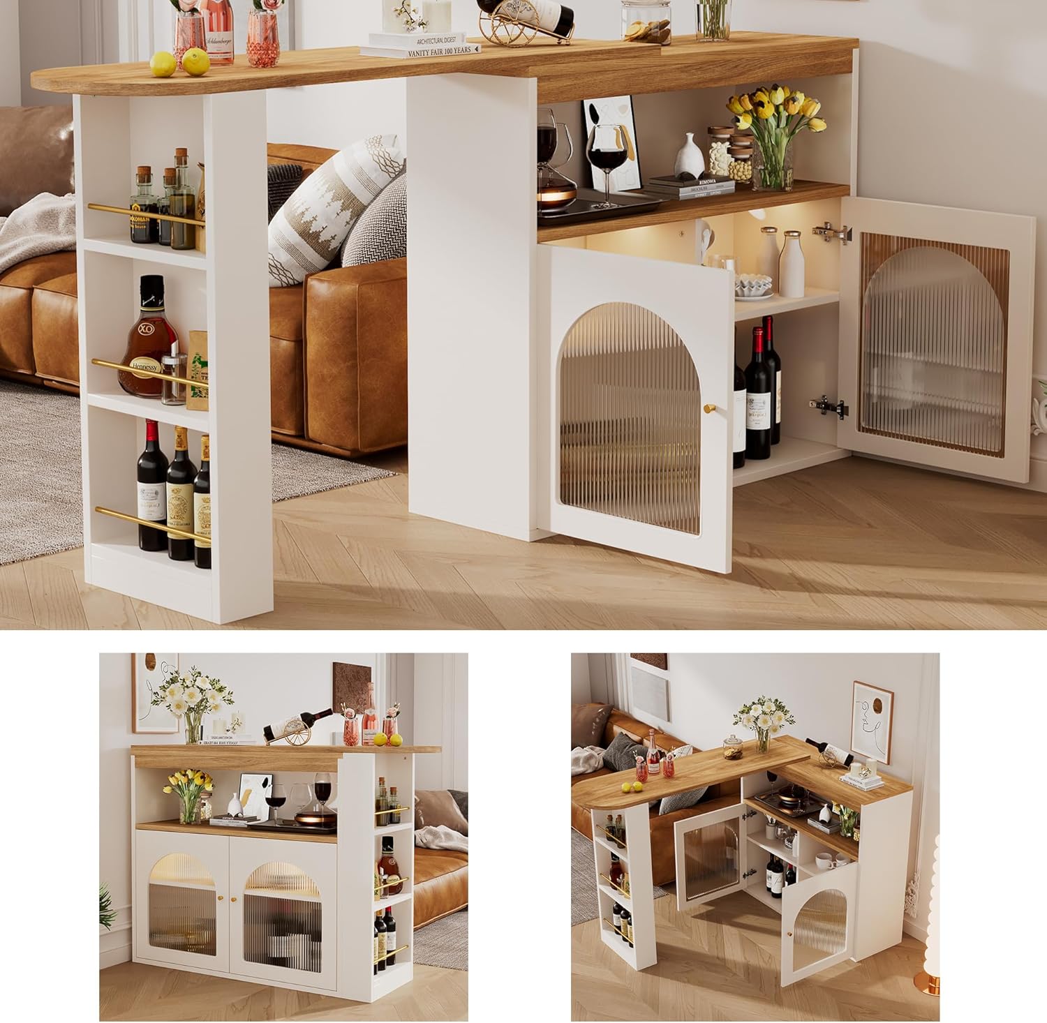 Table de bar extensible avec espace de rangement, table de bistrot avec 2 portes en verre, rotation libre à 360 °, étagères réglables, petite table de cuisine, table haute pour bar de maison, 138-193 – Image 3