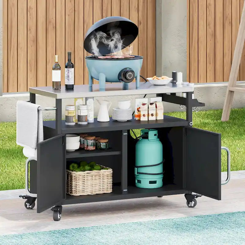 Outdoor Kitchen Island With Stainless Steel Tabletop,Metal Grill Cart Table With Storage Cabinet - N/A – Image 5