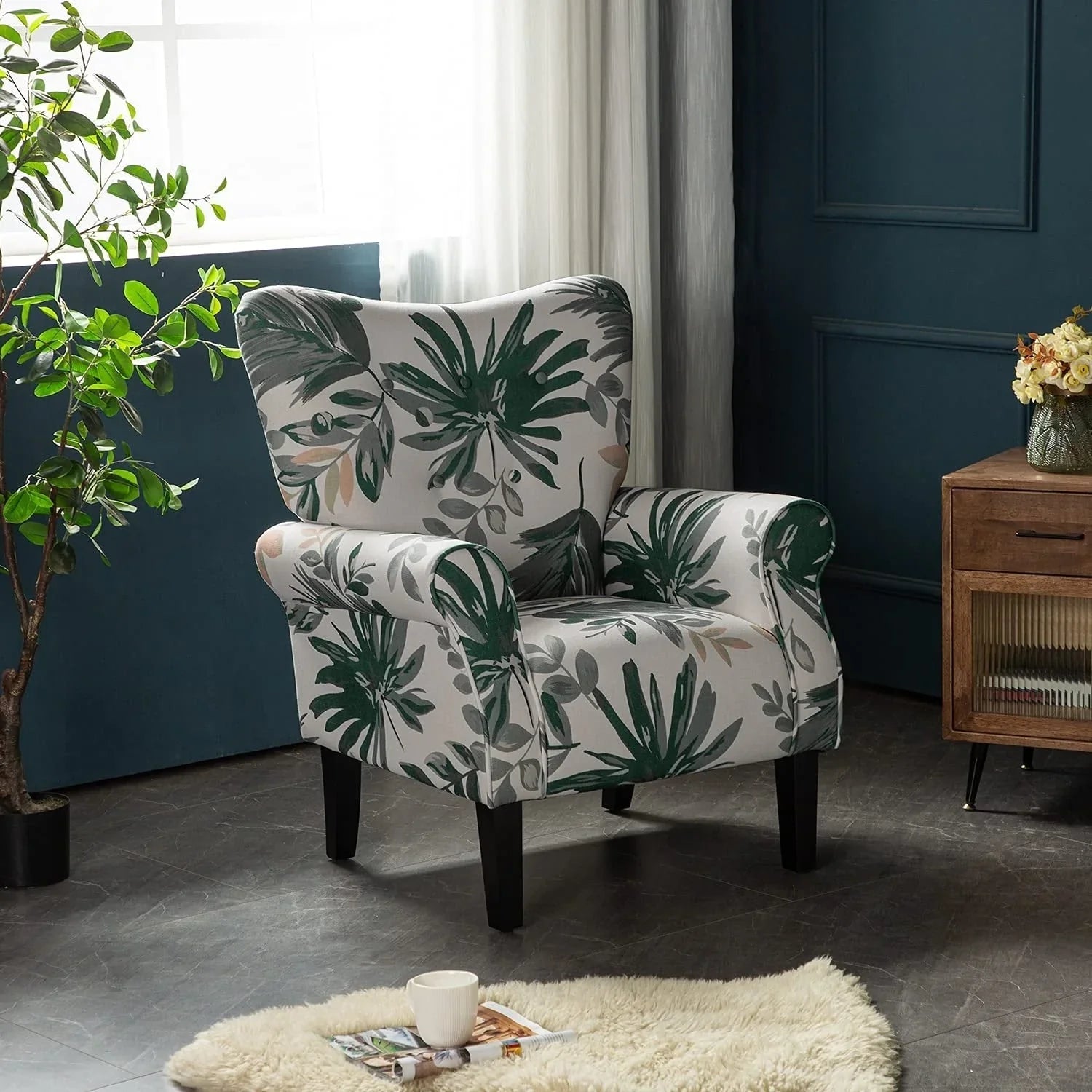 Erommy Modern Accent Chair, High Back Armchair, Upholstered Fabric Button Single Sofa with Wooden Legs for Living Room – Image 145
