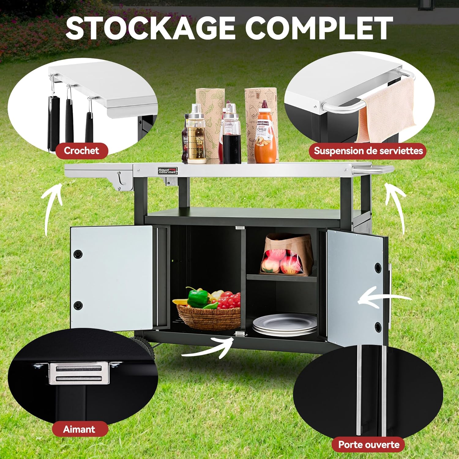 Royal Gourmet Chariot de Barbecue avec Porte d'Armoire, Desserte Extérieure pour Plancha avec Dessus de Table en Acier INOX 85 x 50cm et Table d'Appoint Pliable de 30 x 50cm, pour Cuisine et Jardin – Image 2