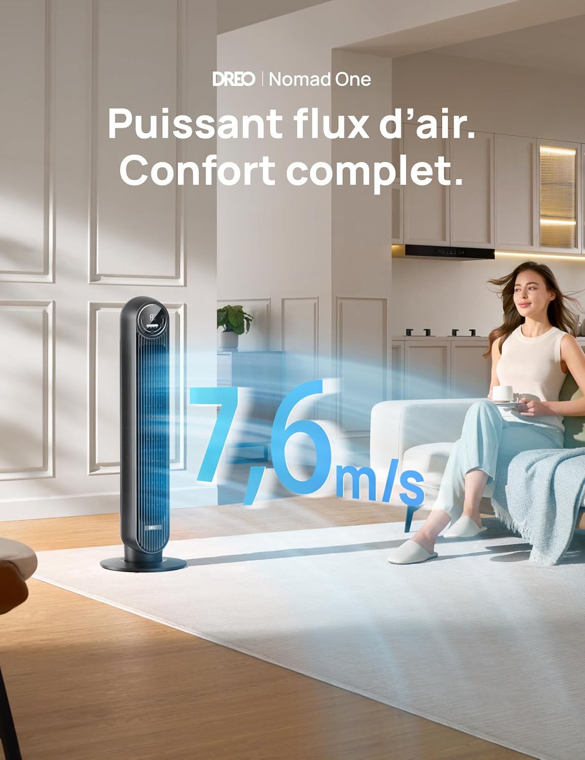 Dreo 20dB ventilateur colonne silencieux pour chambre, 7,6 m/s, oscillant à 90°, 92 cm, avec télécommande, ventilateurs tour équipés de 4 vitesses, 4 modes, et minuterie 8H, noir, Nomad One – Image 2
