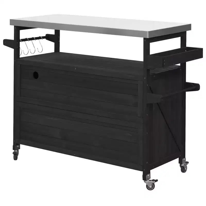 Outdoor Kitchen Island with Stainless Steel Top, Wooden Kitchen Cart with Doors, Shelves and Spice Rack, Rolling Kitchen Island – Image 8