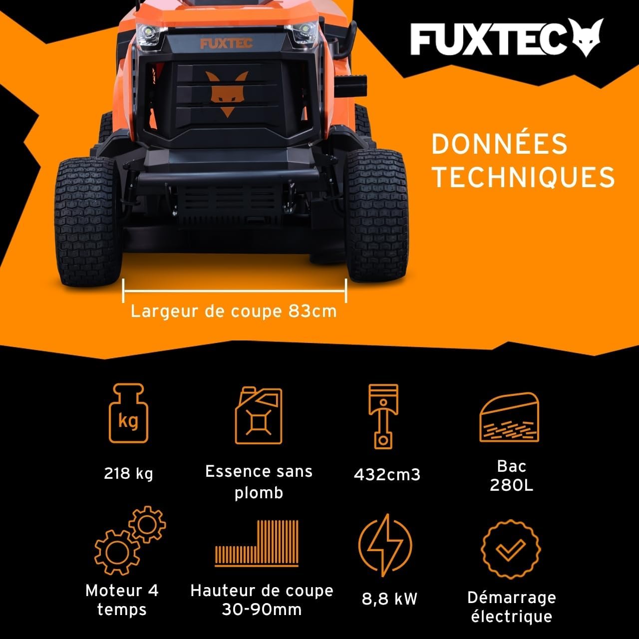 FUXTEC Tondeuse autoportée FX-RMT84M - Tondeuse autoportée à Essence avec Largeur de Coupe 83 cm - Moteur 8,8 KW 432 cm³ - 6 hauteurs réglables - bac 280 L - Marche arrière RMO - boîte Manuelle 5+1 – Image 3