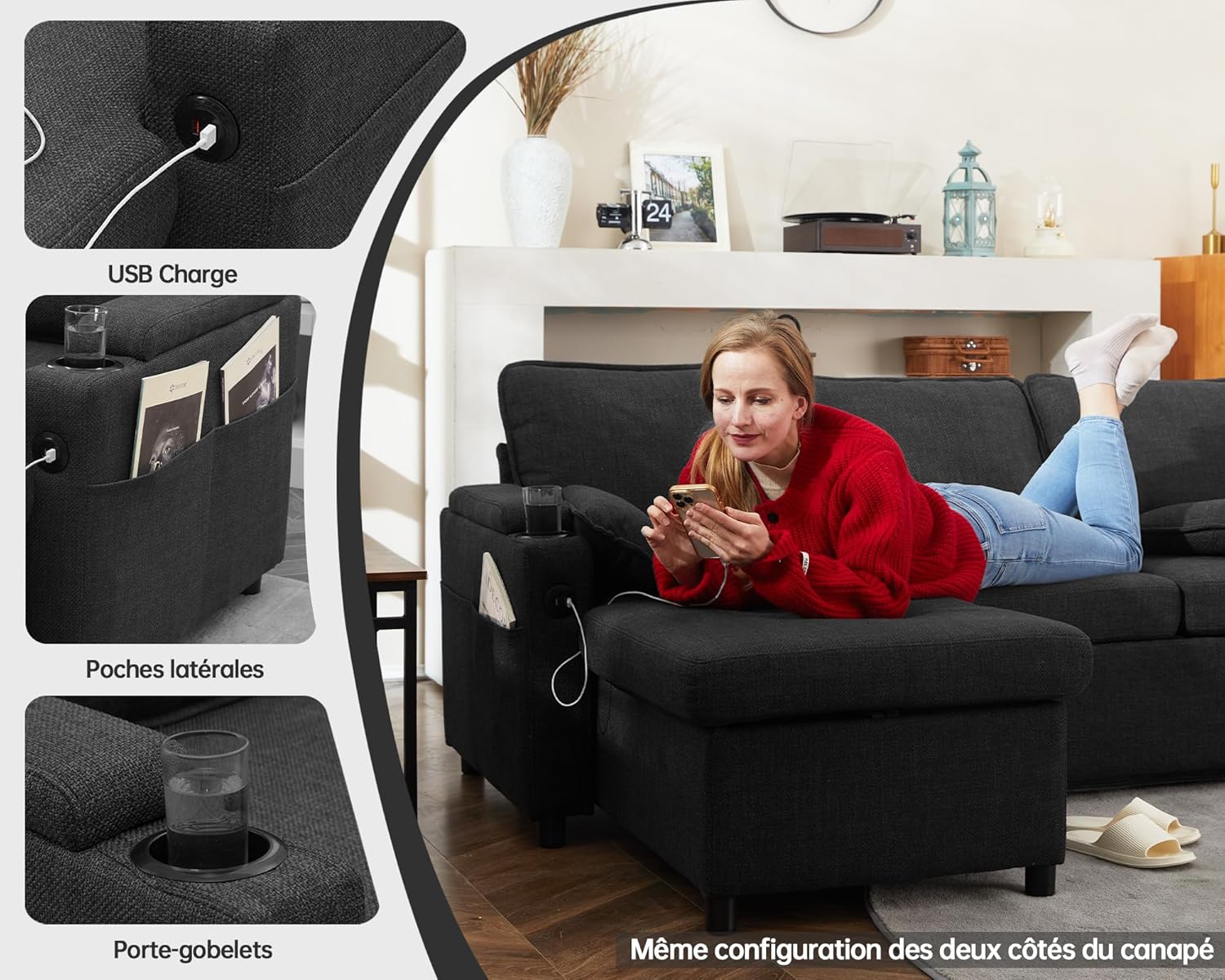 DURASPACE Canapé d'angle Convertible, Canapé Lit 3 Places en L avec Chaise Réversible, Canapé avec Rangement, Port USB et Porte-gobelet – Image 4