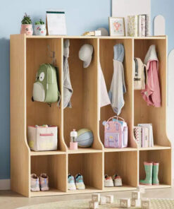 Classroom Coat Locker, 4-Section Cubby Storage Organizer with 8 Hooks, for Home, School, Nursery, Kindergarten