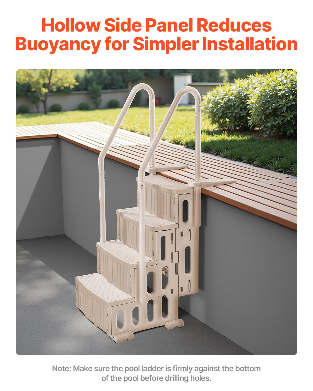 VEVOR Escalier de Piscine en Plastique avec 2 Rampes, 4 Marches Antidérapantes, Capacité de Charge 181,4 kg, pour Piscines Creusées Hors Sol 122-137 cm, Terrasse, Maison, Intérieur, Extérieur, Taupe – Image 4