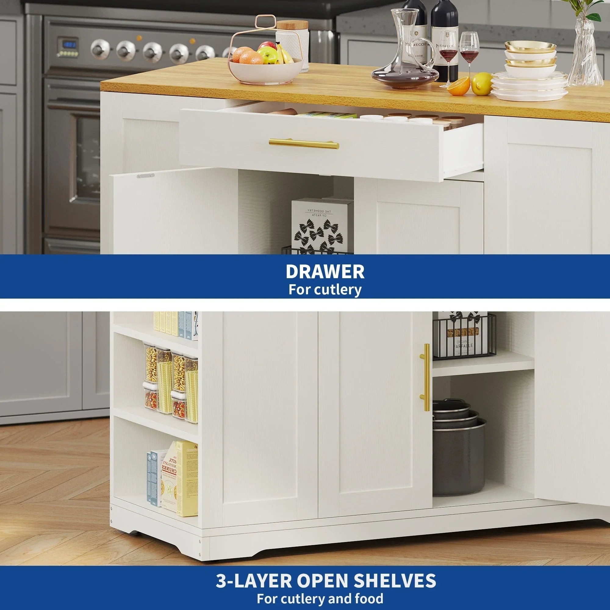 Moasis 53-inch Rolling Kitchen Island Storage Cabinet Portable Mobile Kitchen Cart – Image 7