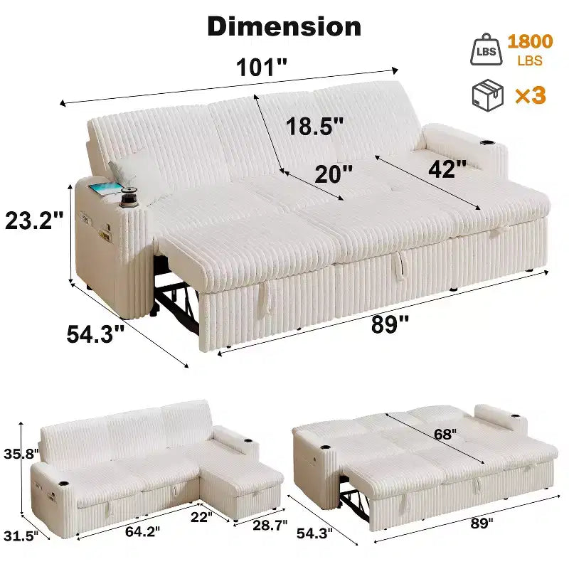 L-Shaped Sectional Sleeper Sofa with Pull-Out Bed, USB Ports & Storage – Image 6