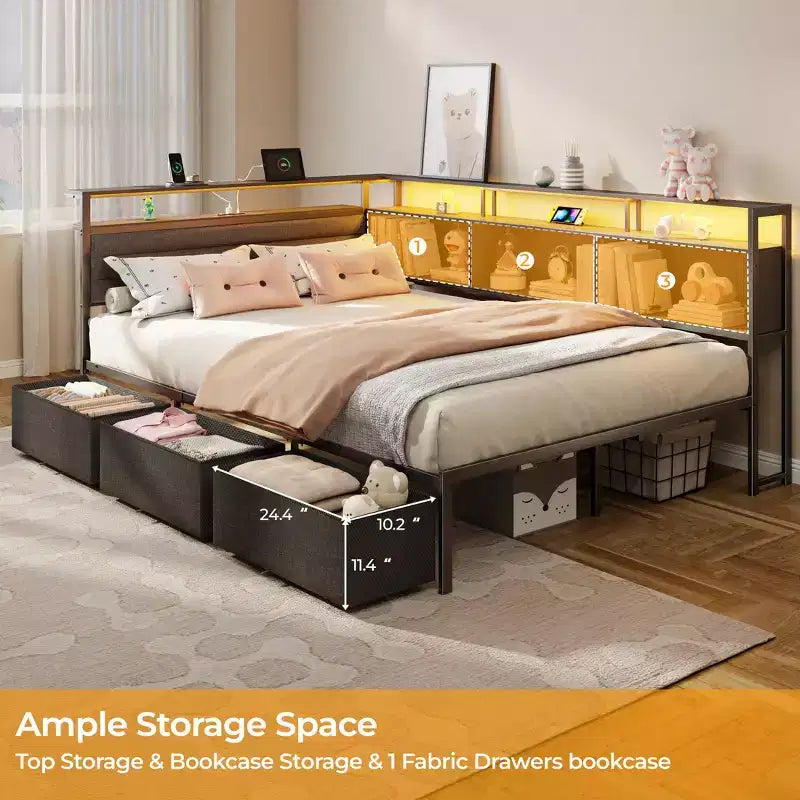 Black Full Bed Frame with LED Lights Charging Station Storage Bookcase 3 Drawers Upholstered Headboard Corner Daybed No Box Spring Support – Image 7
