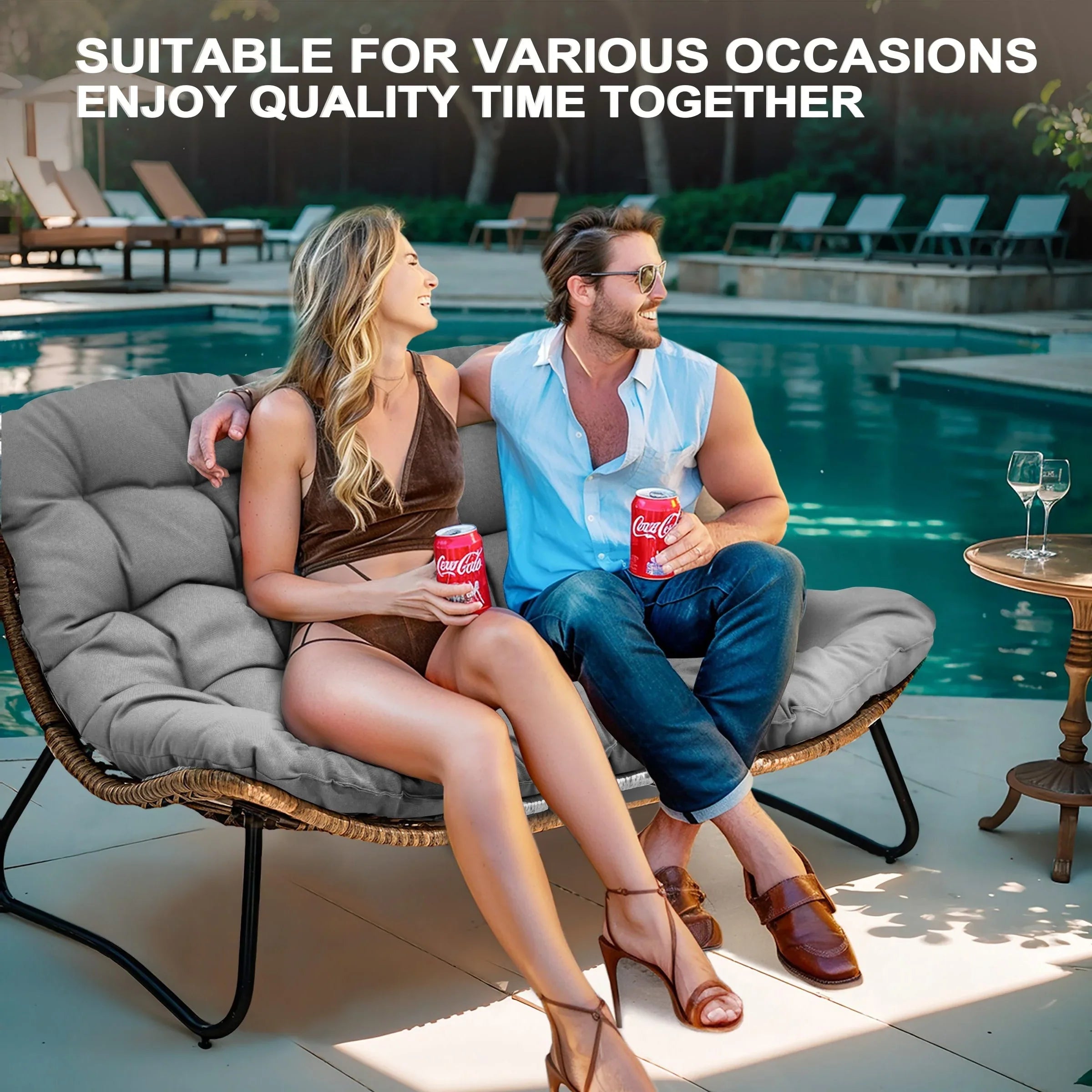 Double Papasan Chair Loveseat with Cushion, All-weather PE Rattan and Metal Frame for Indoor Outdoor – Image 45