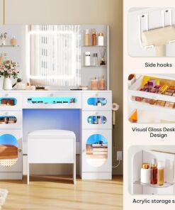 Alternative view of YITAHOME Grande Coiffeuse avec Miroir LED et Prises 3 Couleurs Luminosité Réglable, Blanche Bureau Coiffeuse avec Tabouret 5 Tiroir et 2 Armoire 4 Étagères Rangement, RGB Moderne Couffeuse