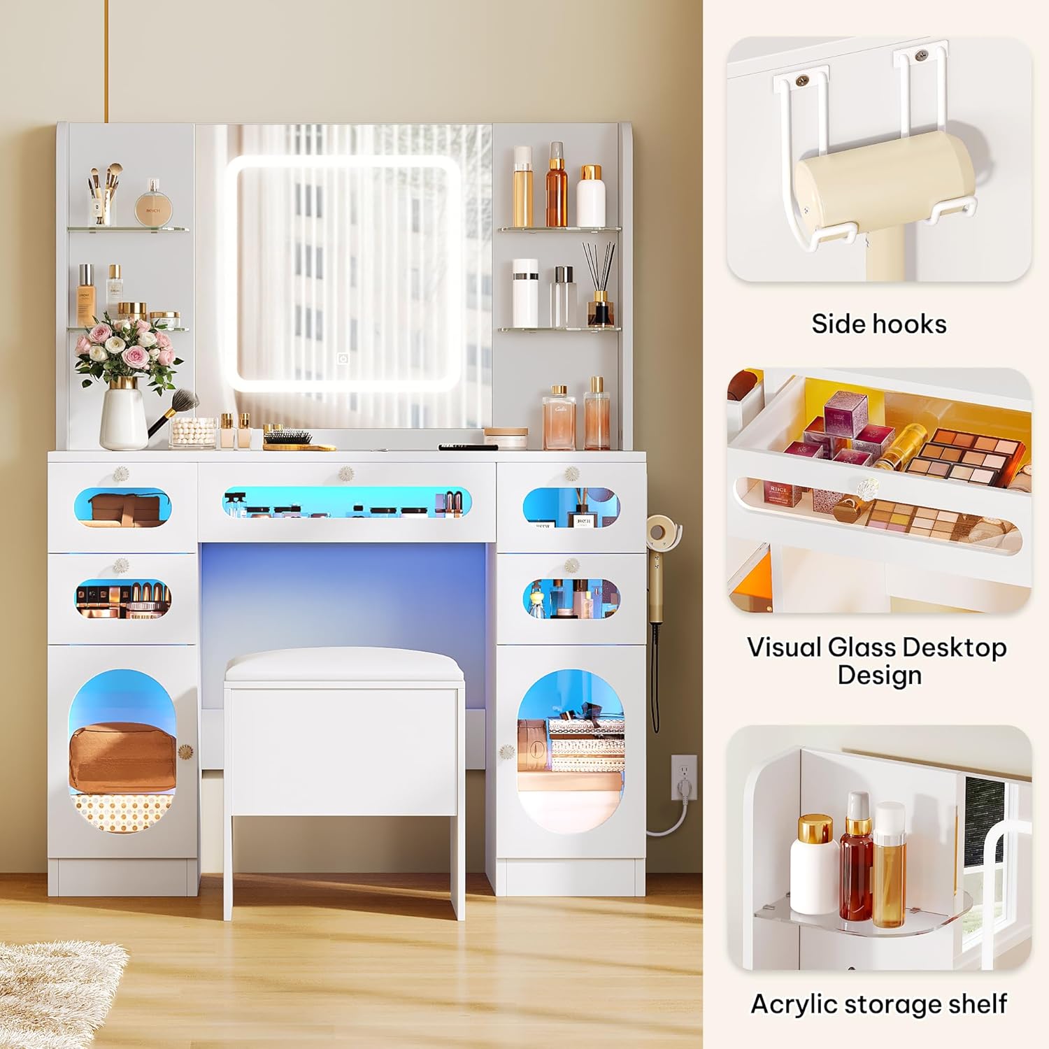 YITAHOME Grande Coiffeuse avec Miroir LED et Prises 3 Couleurs Luminosité Réglable, Blanche Bureau Coiffeuse avec Tabouret 5 Tiroir et 2 Armoire 4 Étagères Rangement, RGB Moderne Couffeuse – Image 2
