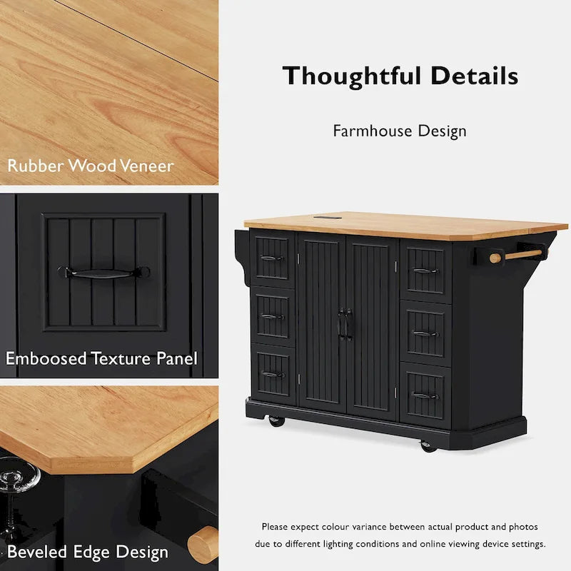 Expandable Drop-Leaf Kitchen Island, Kitchen Cart on 4 Wheels with Power Outlet, Moveable Island Table with 2 Door & 6 Drawers – Image 8