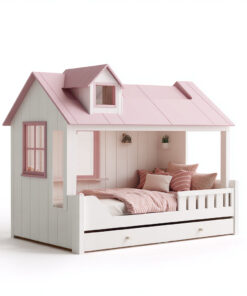 Lit enfant en bois 200x110x160 cm - blanc-rose - style maisonnette