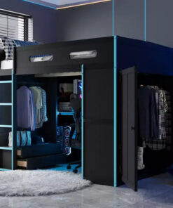 Merax Full Size Loft Bed with Desk, Wardrobe, RGB LED Lights & USB Charging Port  Stylish Black Frame with Multi-Storage Space for Game Lovers