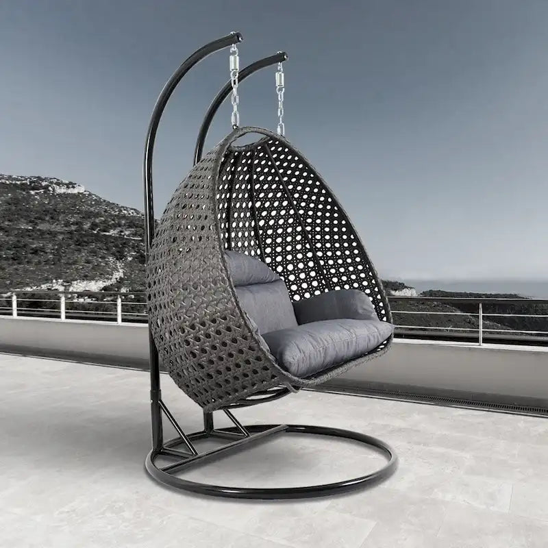 LeisureMod 2 Person Hanging Egg Chair with Stand - Outdoor/Indoor Rattan Wicker Patio Swing Hammock Lounger with Cushions – Image 26