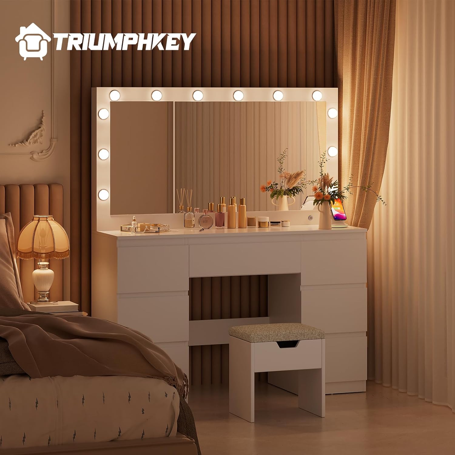 TRIUMPHKEY Coiffeuse avec Grande Miroir et Multiprise, 12 Ampoules LED Réglables, Table de Maquillage avec 7 Tiroirs, Rangement de Bijoux, 120x40x140cm Grande Commode Moderne Blanc – Image 8