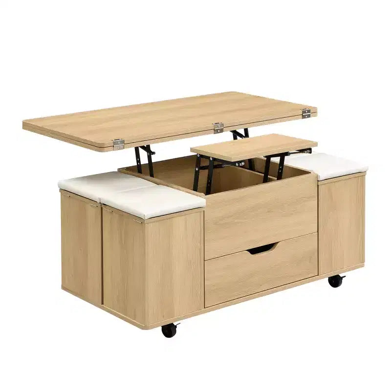 Zeus & Ruta Multi-Function Modern Lift-Top Coffee Table with Hidden Storage, 4 Stools and Casters, Perfect for Modern Living Spaces – Image 28