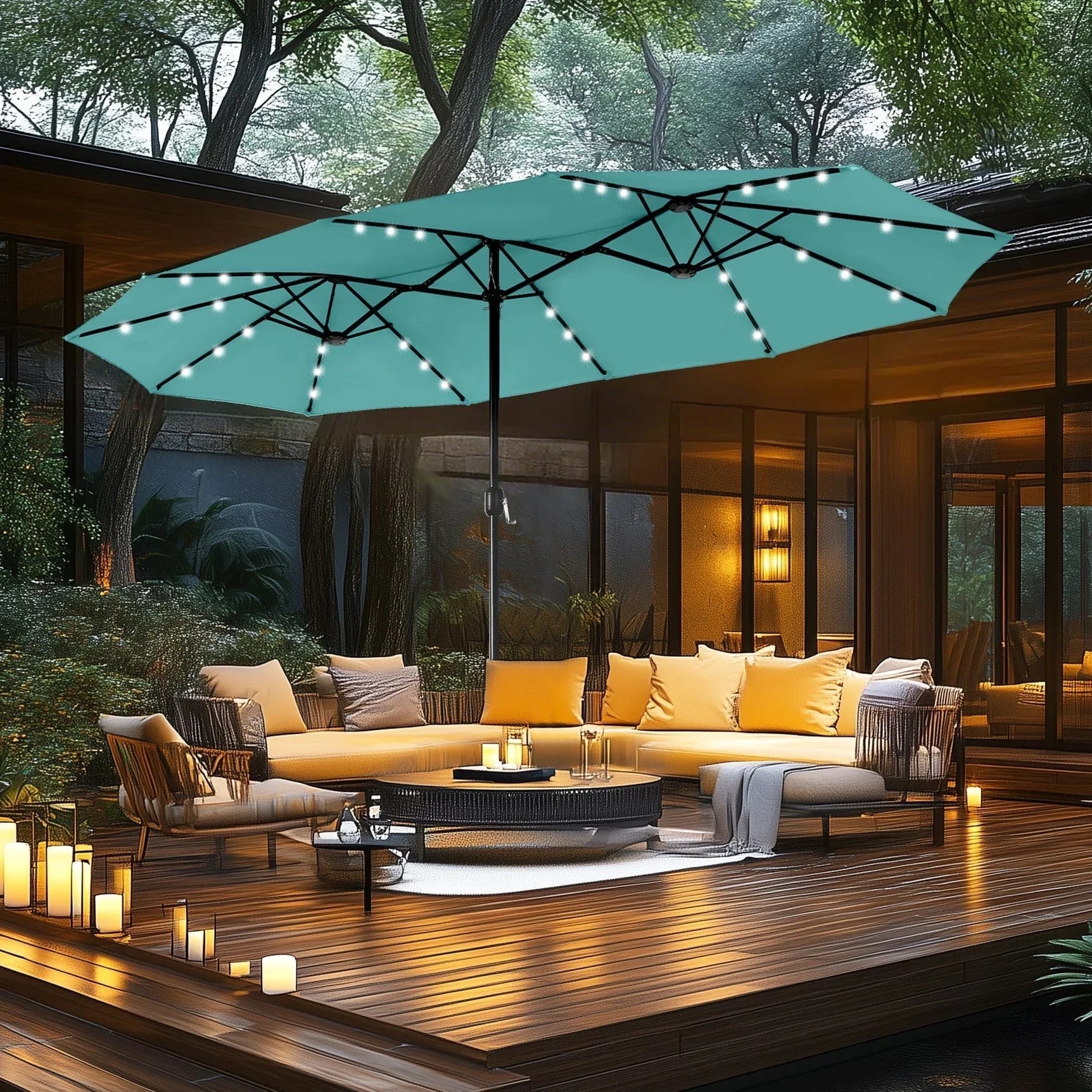 MAISON ARTS 15-foot Rectangular Crank Double-sided Outdoor Market Umbrella Solar LED Lighted Patio Umbrella with Base Included – Image 17