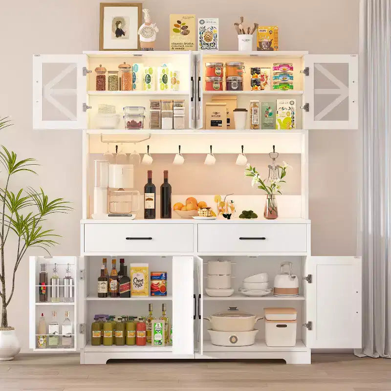 Dyonery white minimalist food storage cabinet, with glass cabinet doors, features 8 spacious storage zones and 2 drawers. – Image 6