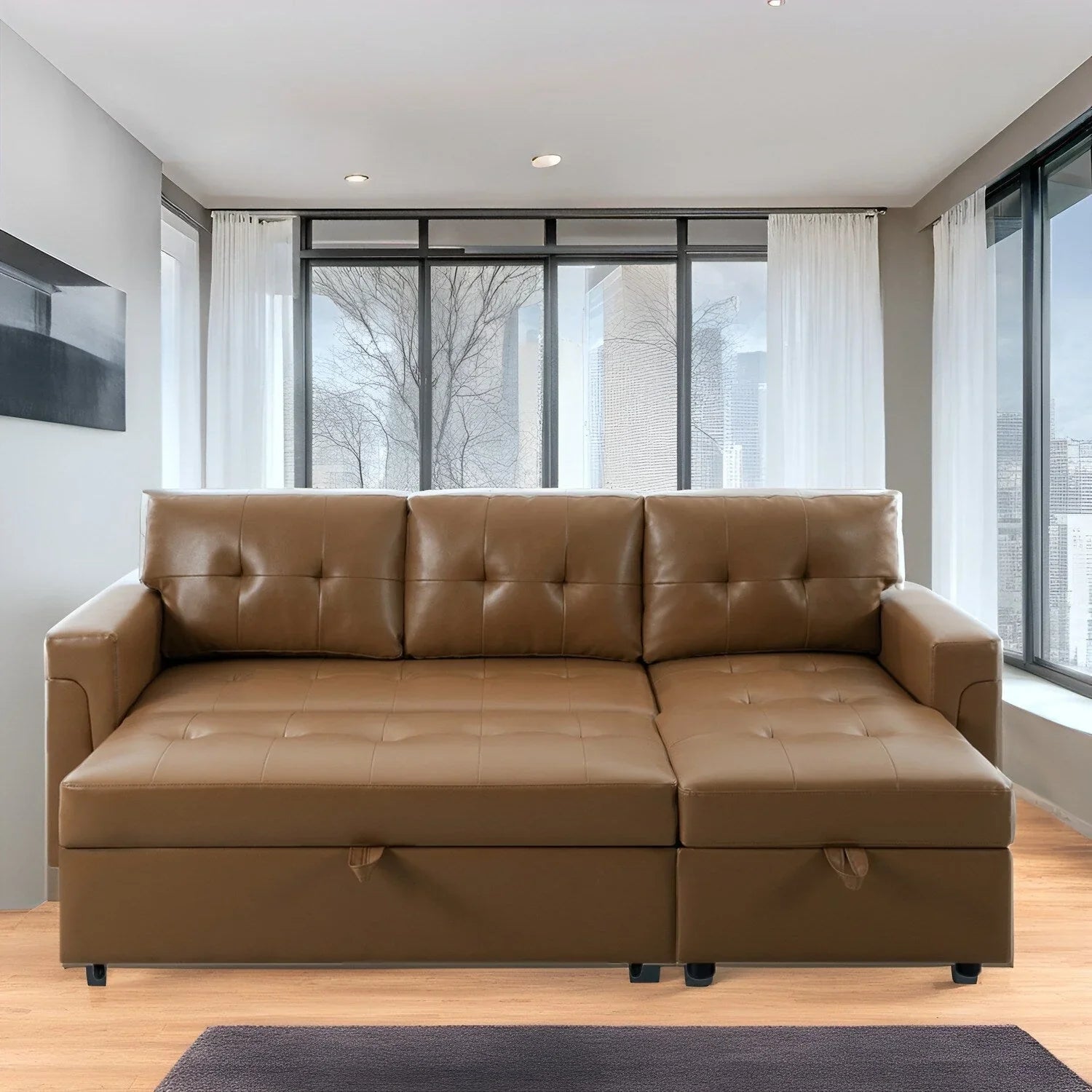 Convertible Reversible Sectional Sofa with Pull-Out Sleeper Bed, Hidden Storage Chaise, and Durable Legs – Image 109