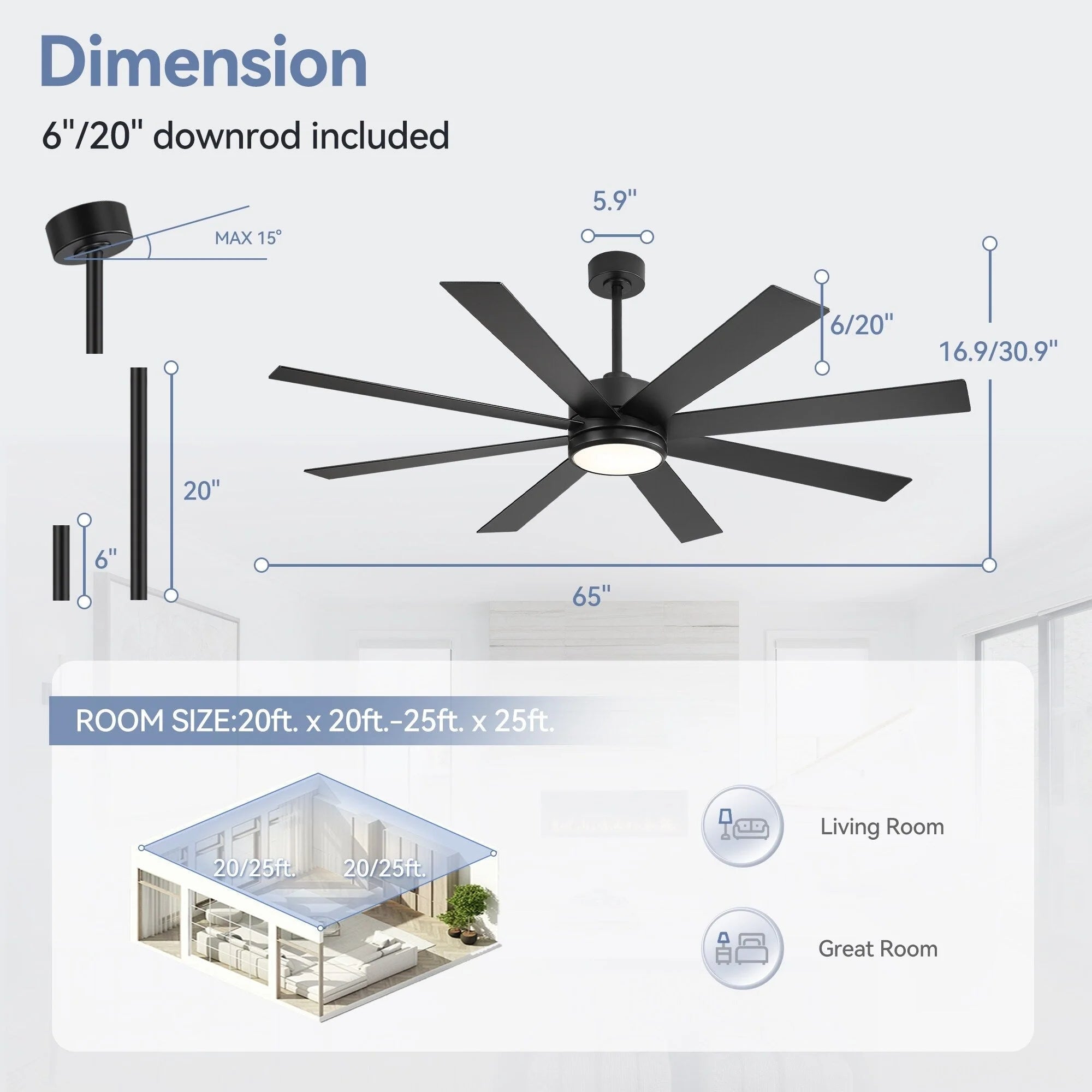 65 Inch 8-Blade Black LED Ceiling Fan with Light and Remote – Image 28
