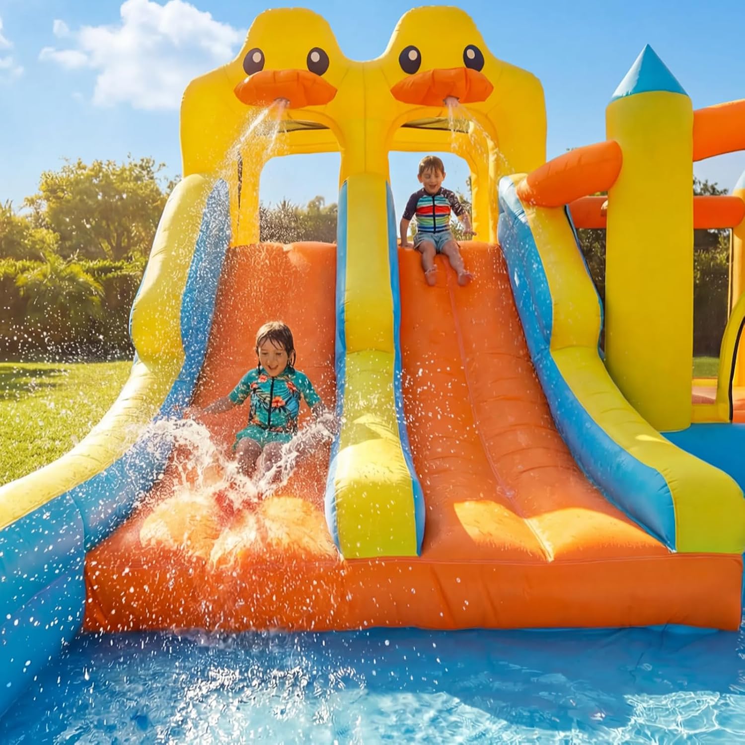 Hapfan Château Gonflable 11-en-1 avec Double Toboggan Aquatique – Piscine, Pistolet à Eau, Mur d’Escalade & Panier de Basket pour Les Plus Grands –520 * 445 * 245cm, Idéal pour Une fête de Jardin – Image 7