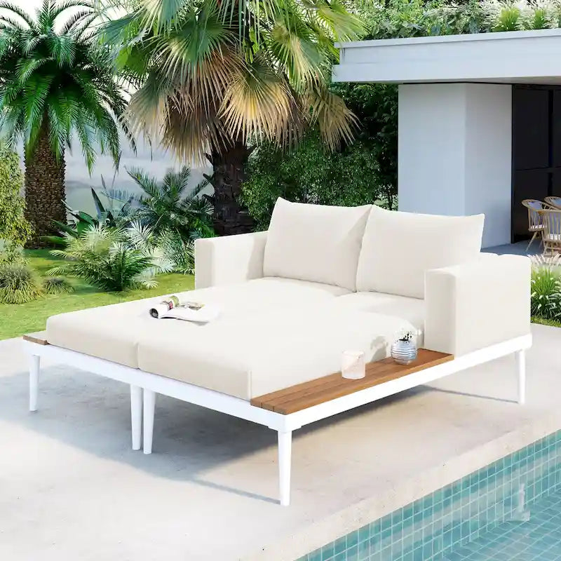 Outdoor Daybed Patio Metal Sun Lounger, 2 in 1 Padded Chaise Lounges, Garden Outdoor Chaise Lounges, Poolside Sunlounger – Image 21