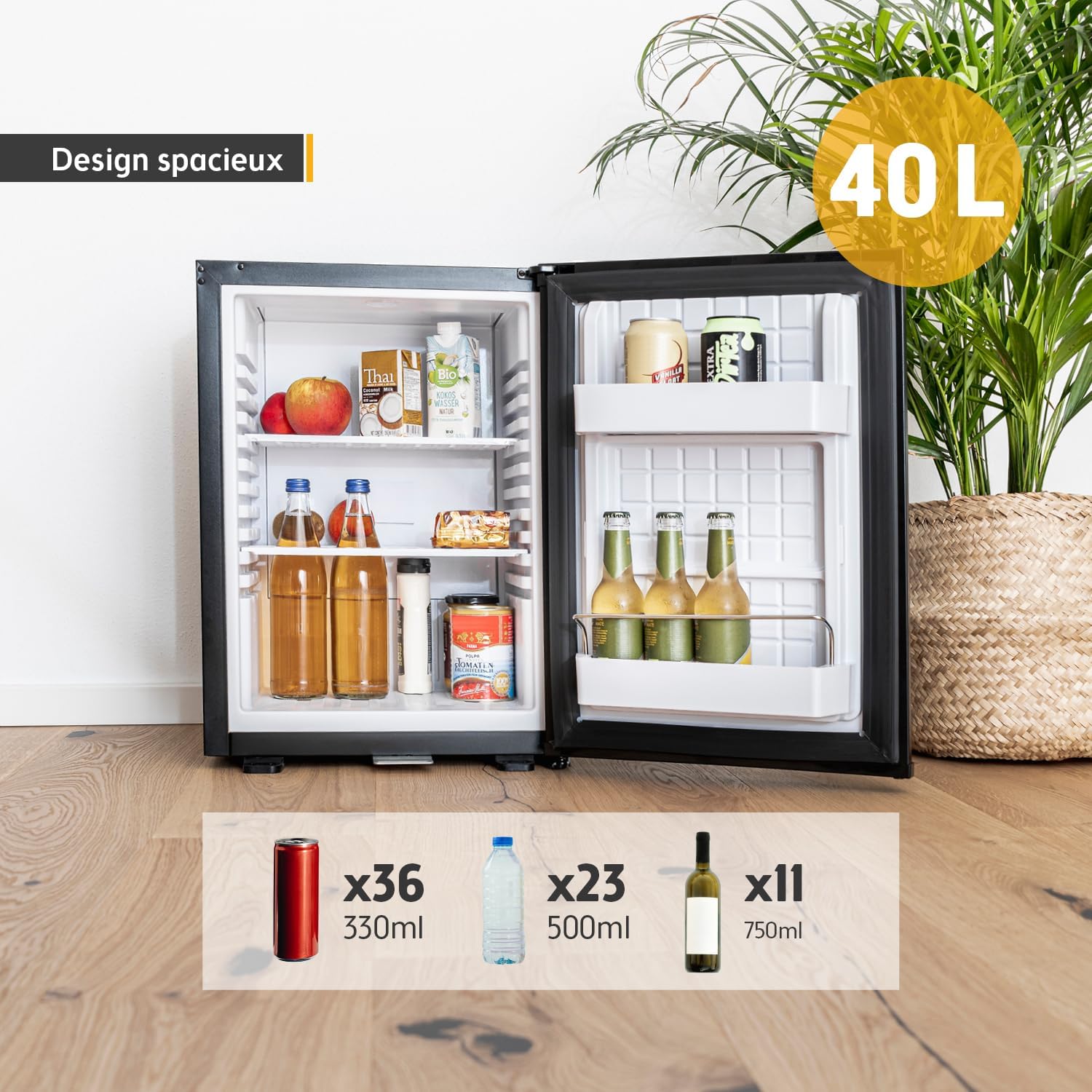 TZS First Austria - Mini réfrigérateur 40L silencieux avec serrure - Petit mini-frigo avec porte réversible et lumière intérieure - Minibar pour camping, bureau, chambre & hôtel - Noir mat – Image 5