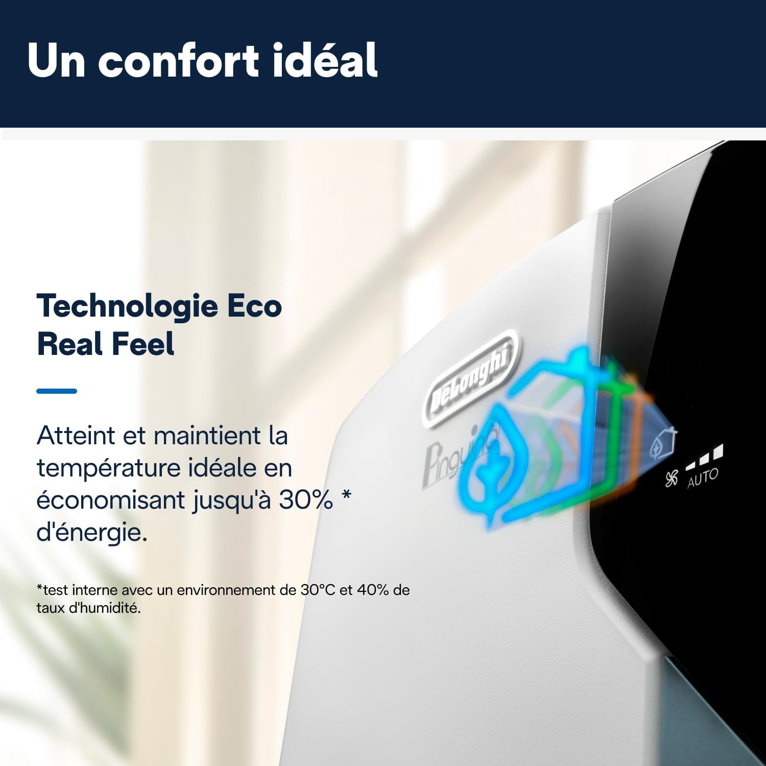 De'Longhi Pinguino PAC EX105 Climatiseur mobile avec technologie EcoRealFeel 10 000 BTU/h, pour pièces jusqu'à 100 m³, fonction déshumidification et ventilation, minuterie 24 heures, classe – Image 5