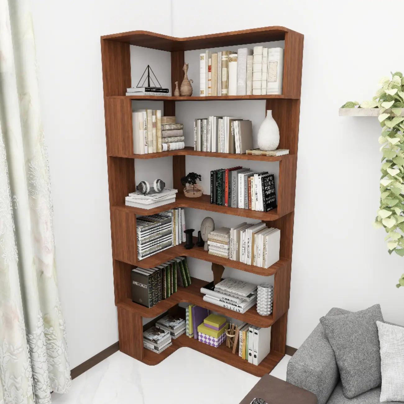 Manufactured Wood Corner Bookshelf with 6 Shelves – Image 51