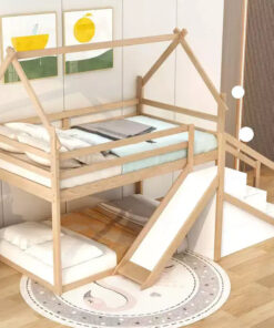 House Bunk Beds with Slide and Storage Stairs, Kids Wood Twin over Twin Bunk Bed with Roof and Stairs for Girls Boys
