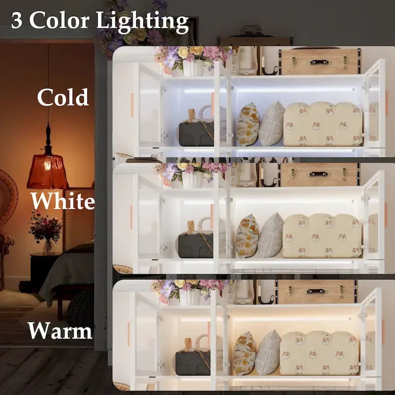 47.2 Wide Armoire LED Light All Glass Door Closet Cabinet Wardrobe – Image 4