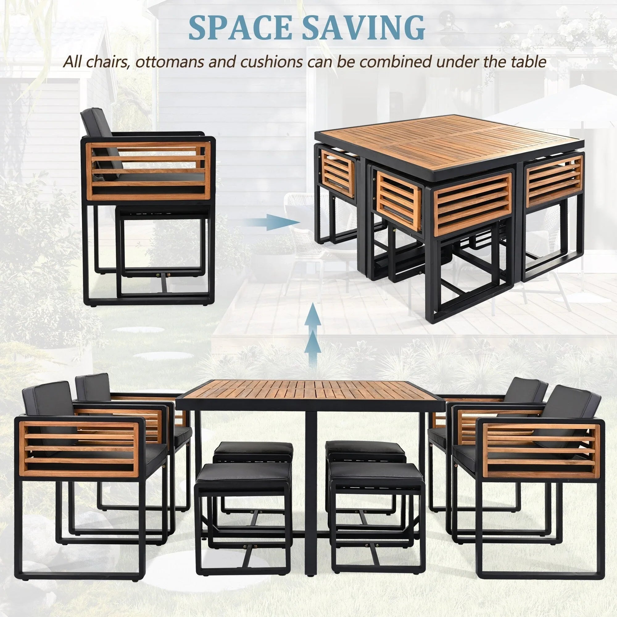 18-Pieces Acacia Wood Patio Dining Set, 8 Cushioned Chairs & 8 Ottomans & 2 Square Table – Image 2