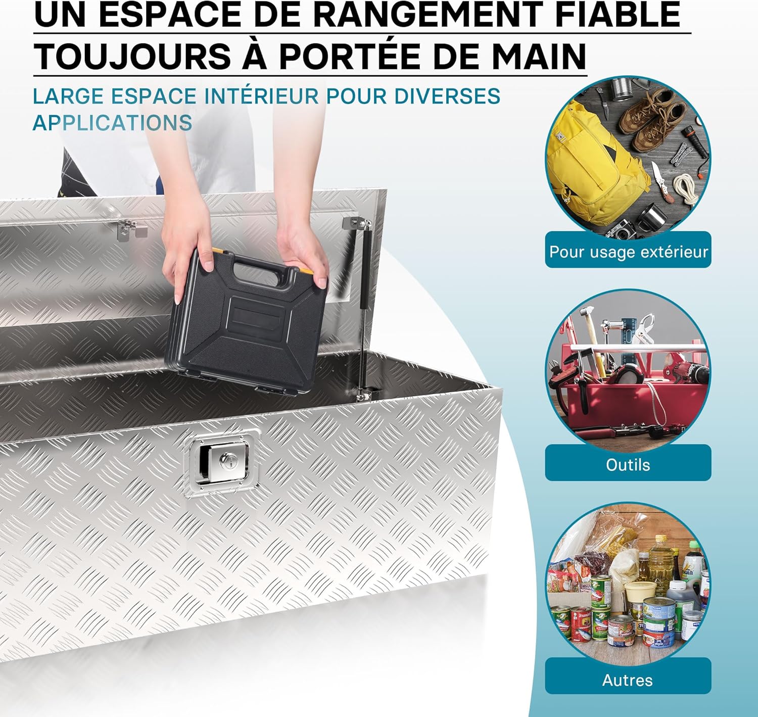 Wiltec Caisse à outils en aluminium - 124 x 37 x 38 cm - 170 litres - Boîte à outils alu ondulé - Vérins à gaz, poignées - Transport Rangement – Image 4