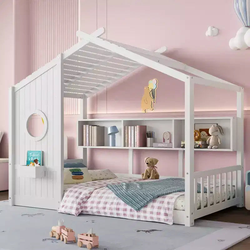 Polibi Floor House Bed with Built-In Storage Shelves & Slatted Roof – Image 10