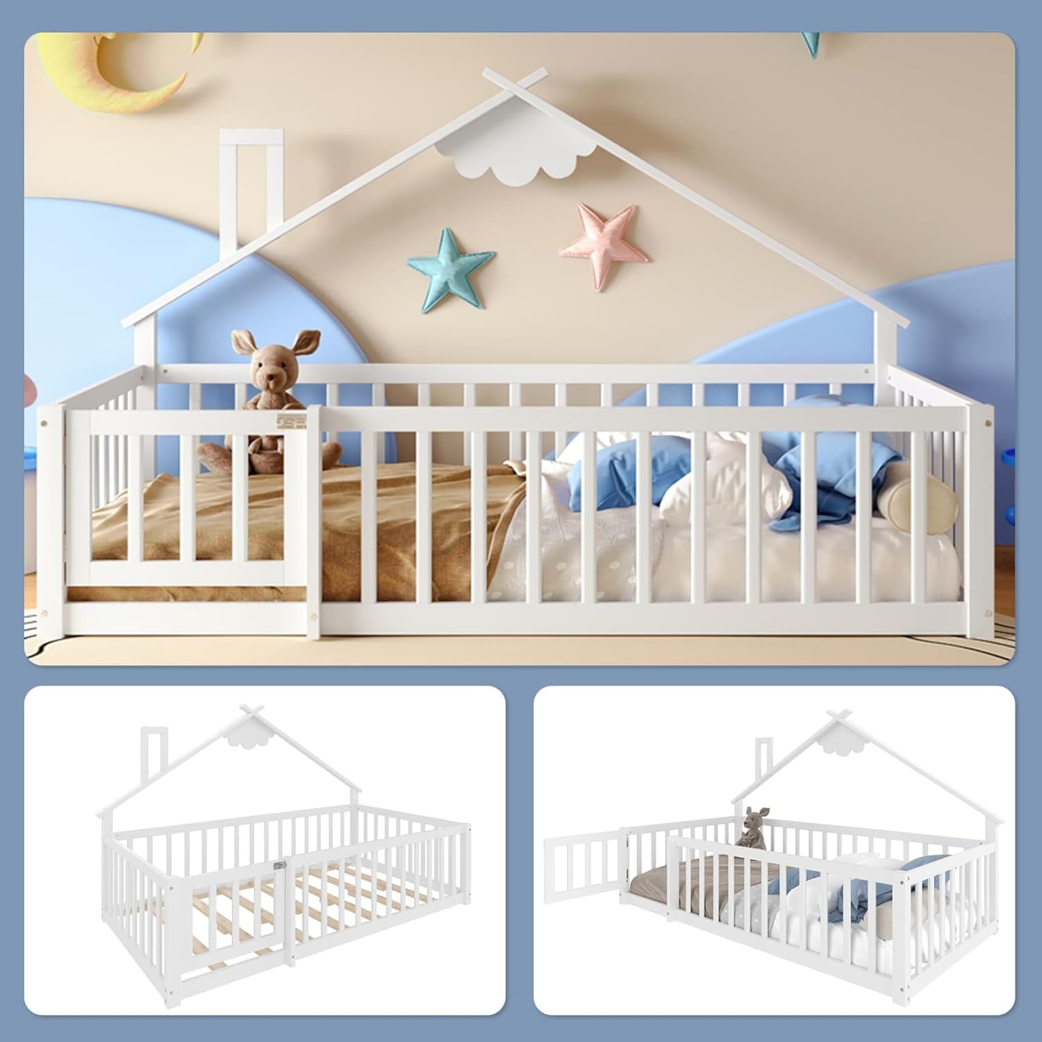 Lit Au Sol Enfant 140x190cm,Lit Cabane Enfant Montessori avec Design Cabine Distinctif,Porte,Barrières Hautes,Sommier à Lattes Solide,pour Enfants,Pin (A-Blanc, 90x190) – Image 6