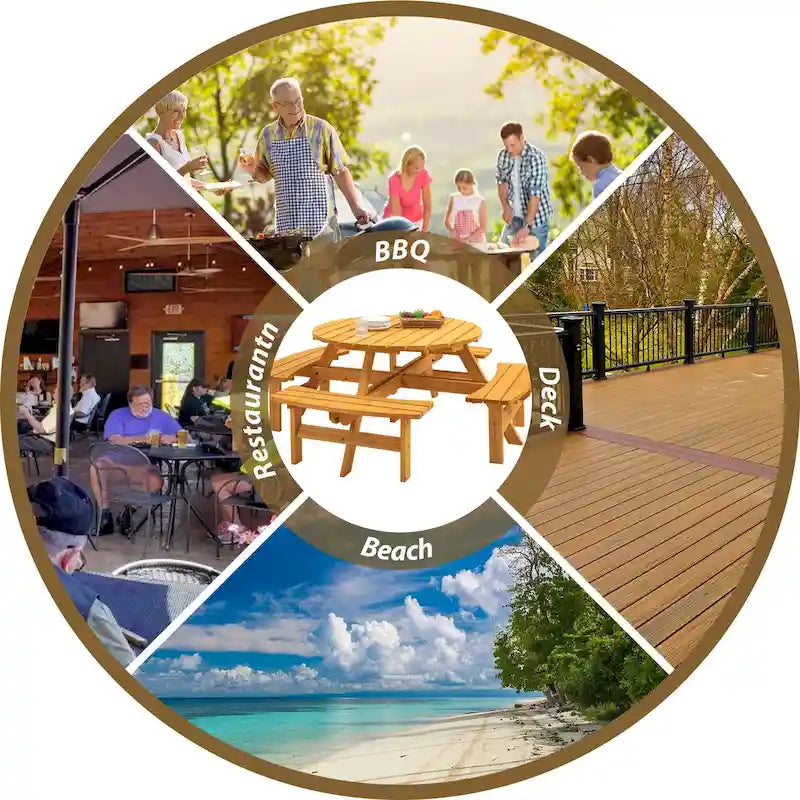 8-Person Outdoor Patio Fir Wood Round Picnic Dining Set with 4 Built-in Benches and Umbrella Hole – Image 20