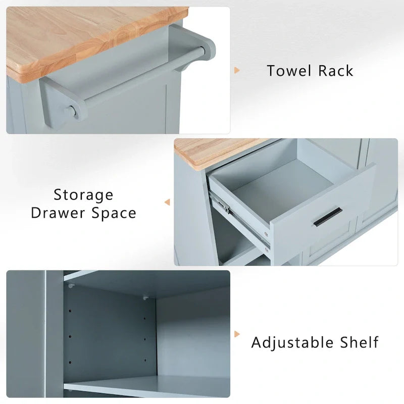 Kitchen Island with Foldable Counter Top, Kitchen Storage Cart with Slide-Out Shelf, Towel Rack and Drawer, Rolling Wheels – Image 7
