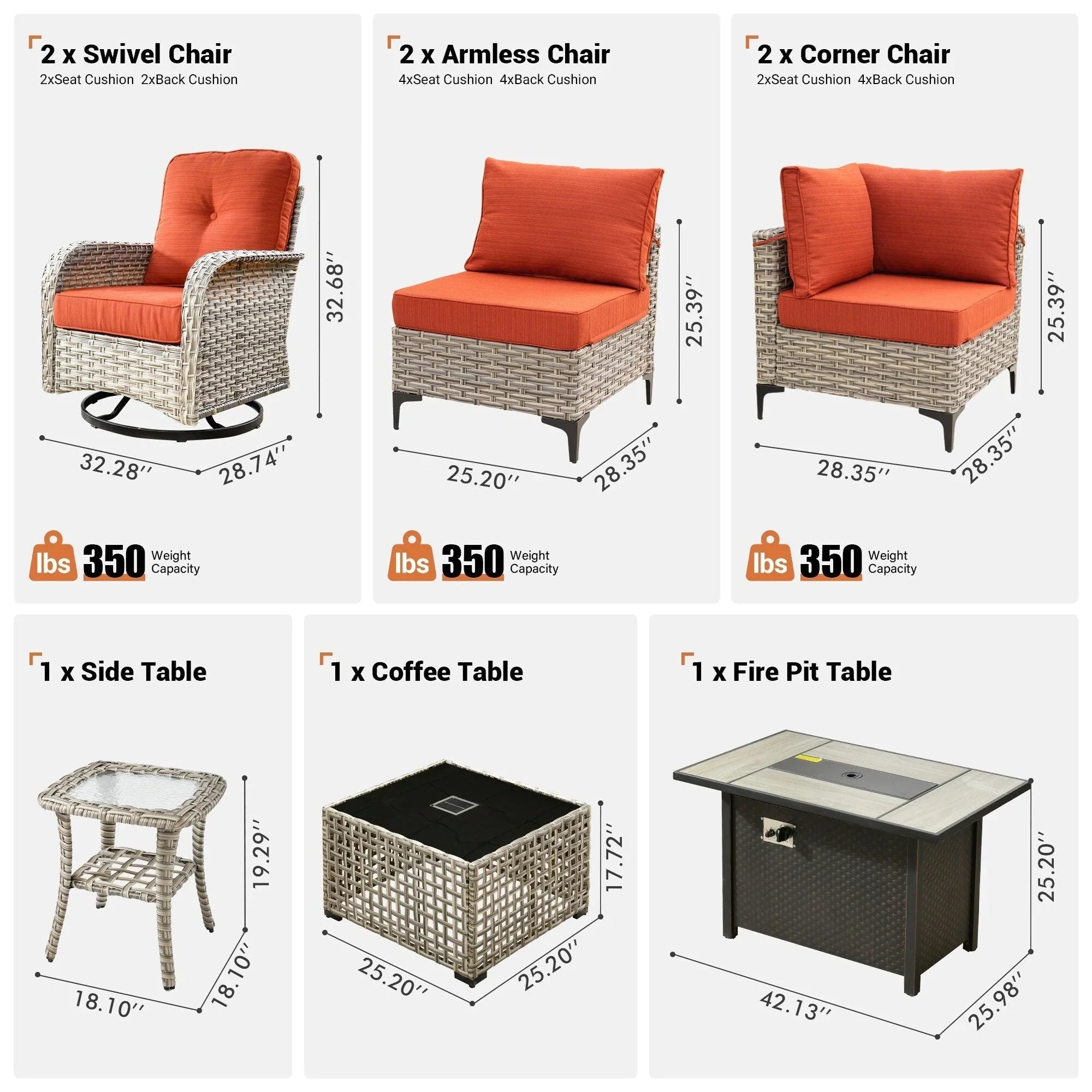 OVIOS 9 Pieces Outdoor Wicker Swivel Chair Set With Fire Table – Image 58