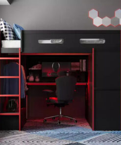 Alternative view of Merax Full Size Loft Bed with Desk, Wardrobe, RGB LED Lights & USB Charging Port  Stylish Black Frame with Multi-Storage Space for Game Lovers