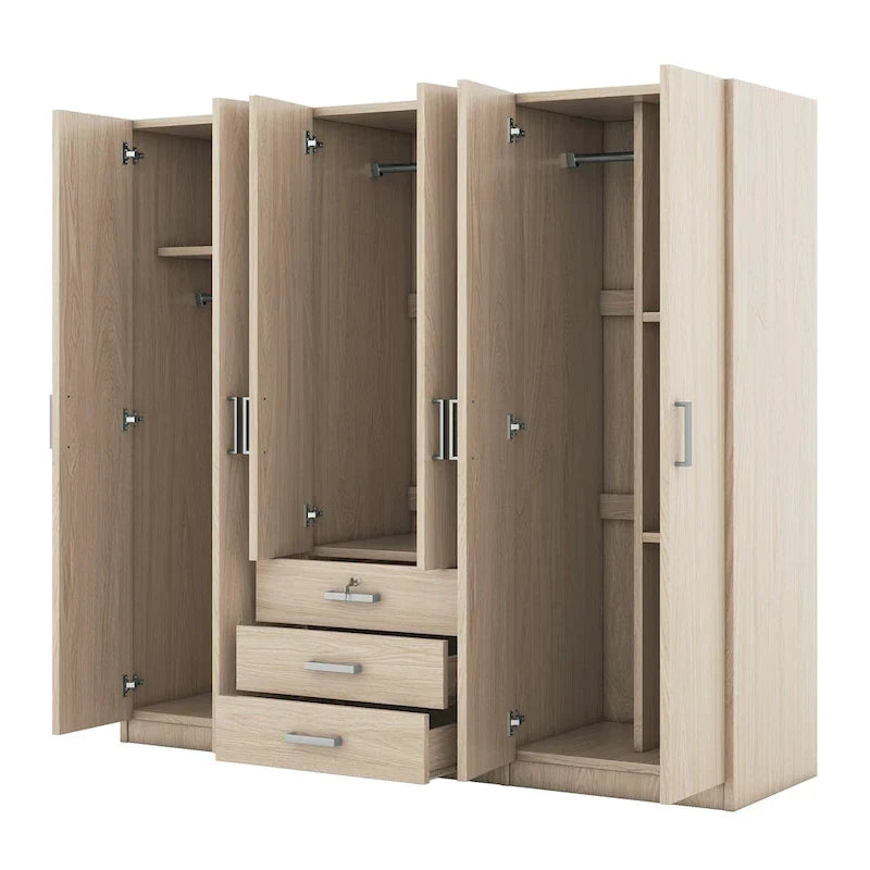 6-Doors Wooden Wardrobe Storage with 3 Big Drawers for Bedroom – Image 25